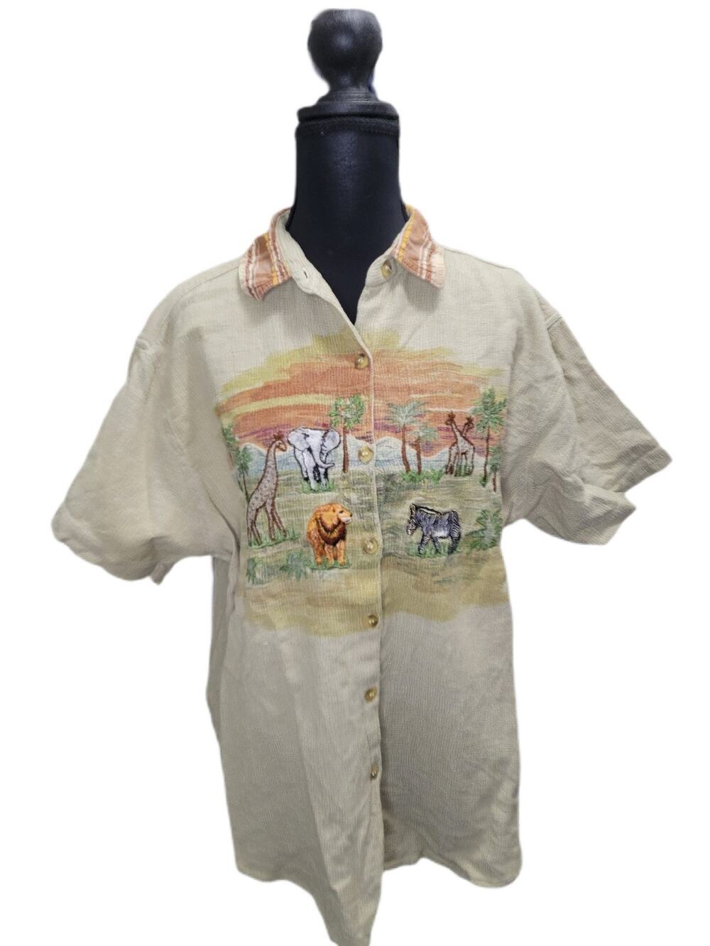 VTG Victoria Jones Safari Animal Lover Art To Wear Embroidered Button Down Shirt